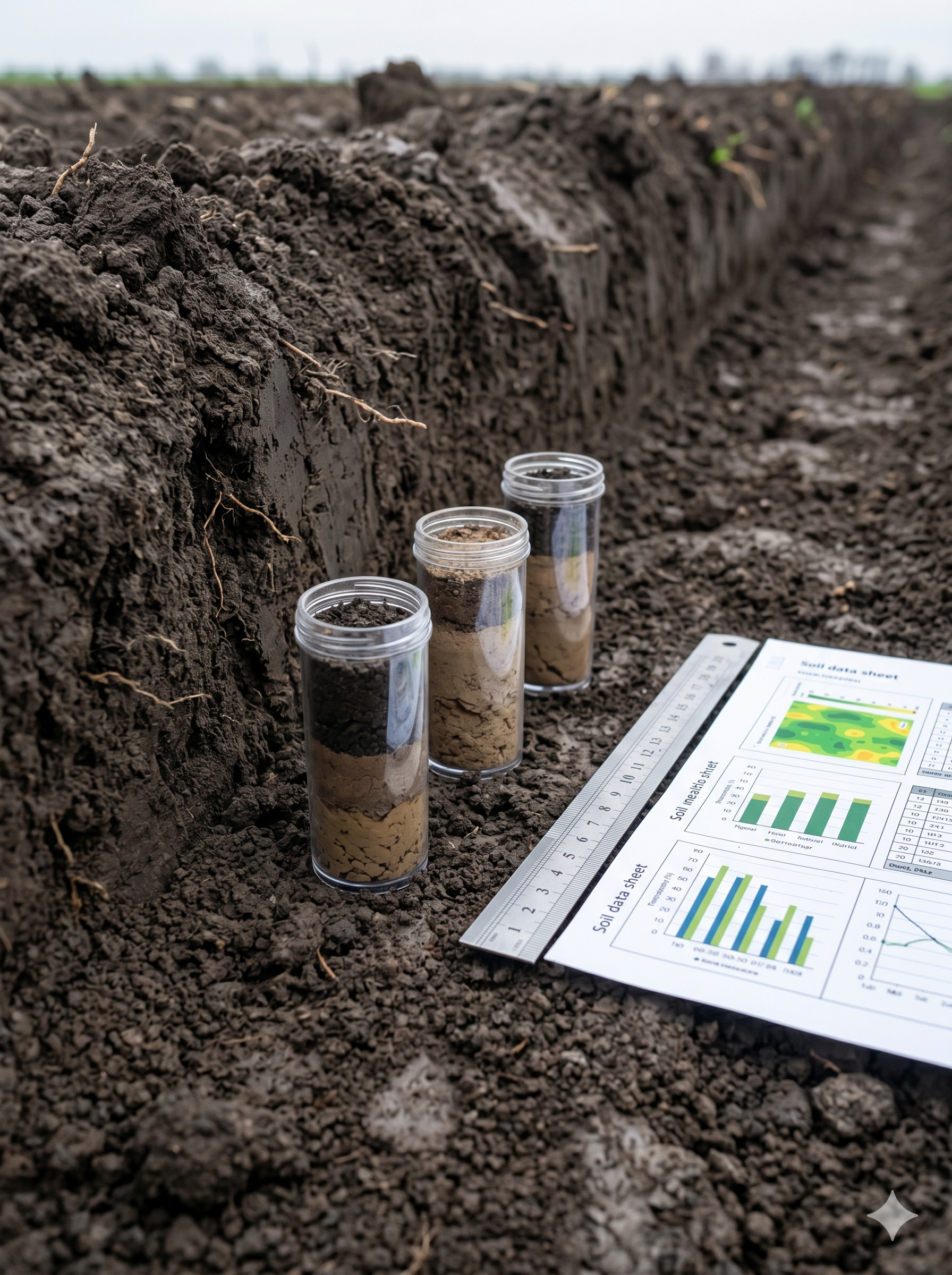 Farmer and researcher conducting soil testing in a field